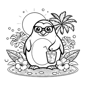 Sonniger Pinguin mit Hibiskusblüten Bastelvorlage für kreative Strandurlauber
