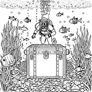 Spektakulärer Taucher an der Schatzkiste Ausmalvorlage für Unterwasserträumer
