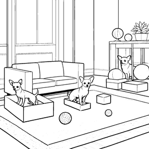 Neugierige Chihuahuas im Wohnzimmer Bastelvorlage für kleine Spielkameraden
