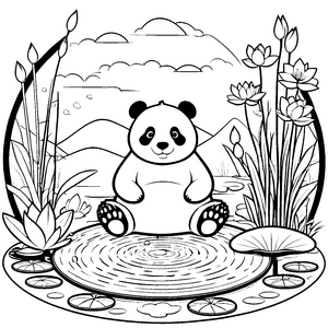 Ruhiger Panda im Seerosenteich Bastelvorlage für neugierige Wasserfreunde