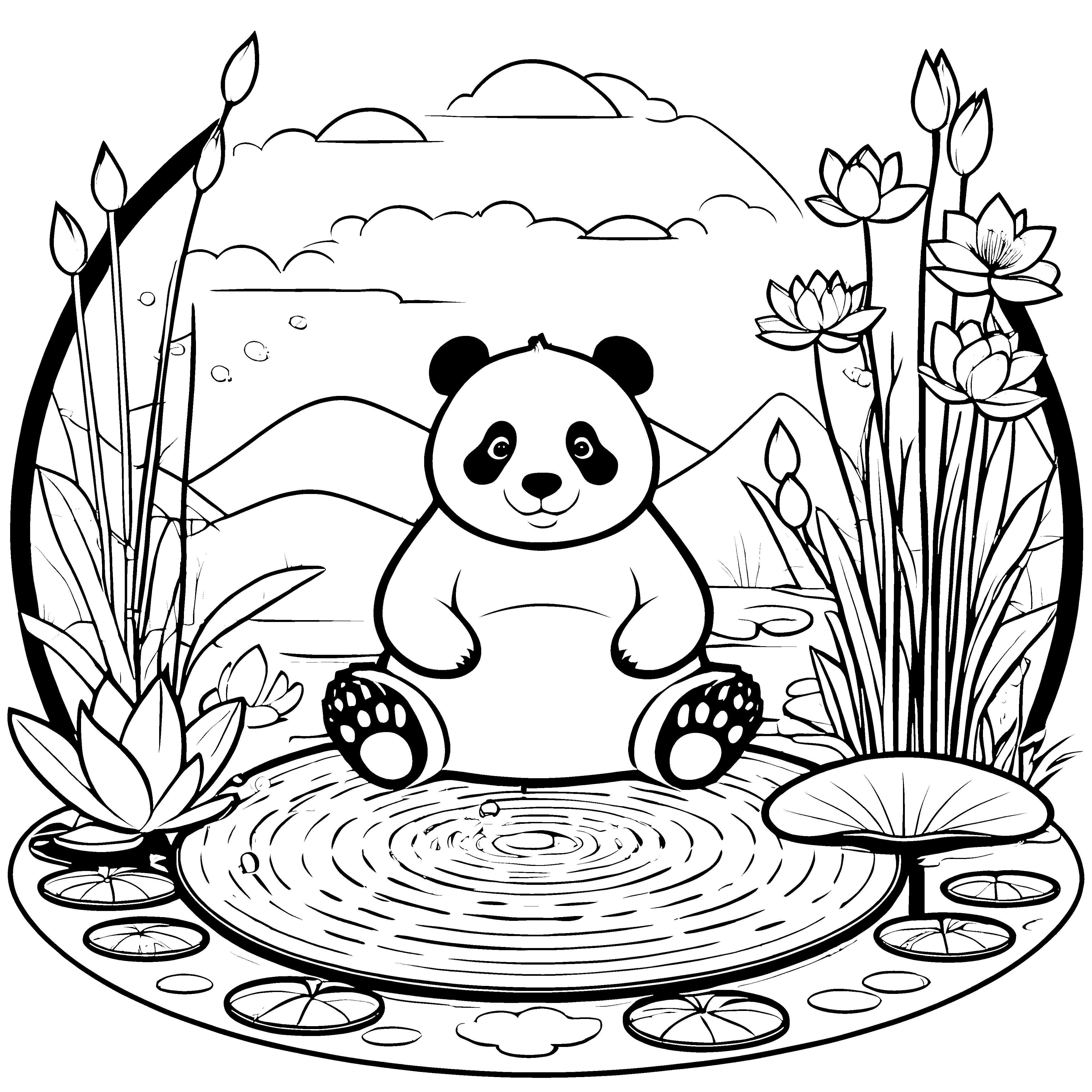 Ruhiger Panda im Seerosenteich Bastelvorlage für neugierige Wasserfreunde