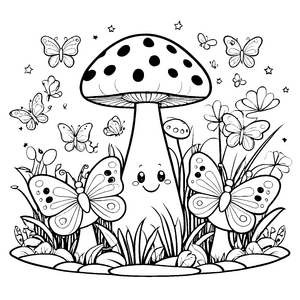 Niedliche Kawaii-Schmetterlinge am Fliegenpilz Ausmalbild für malfreudige Waldwesen