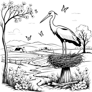 Idyllischer Storch im Nest mit Blumen Bastelmotiv für mutige Landwirte