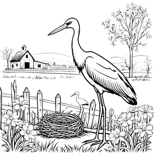 Stolzer Storch am Bauernhof Bastelmotiv für junge Bauernkinder