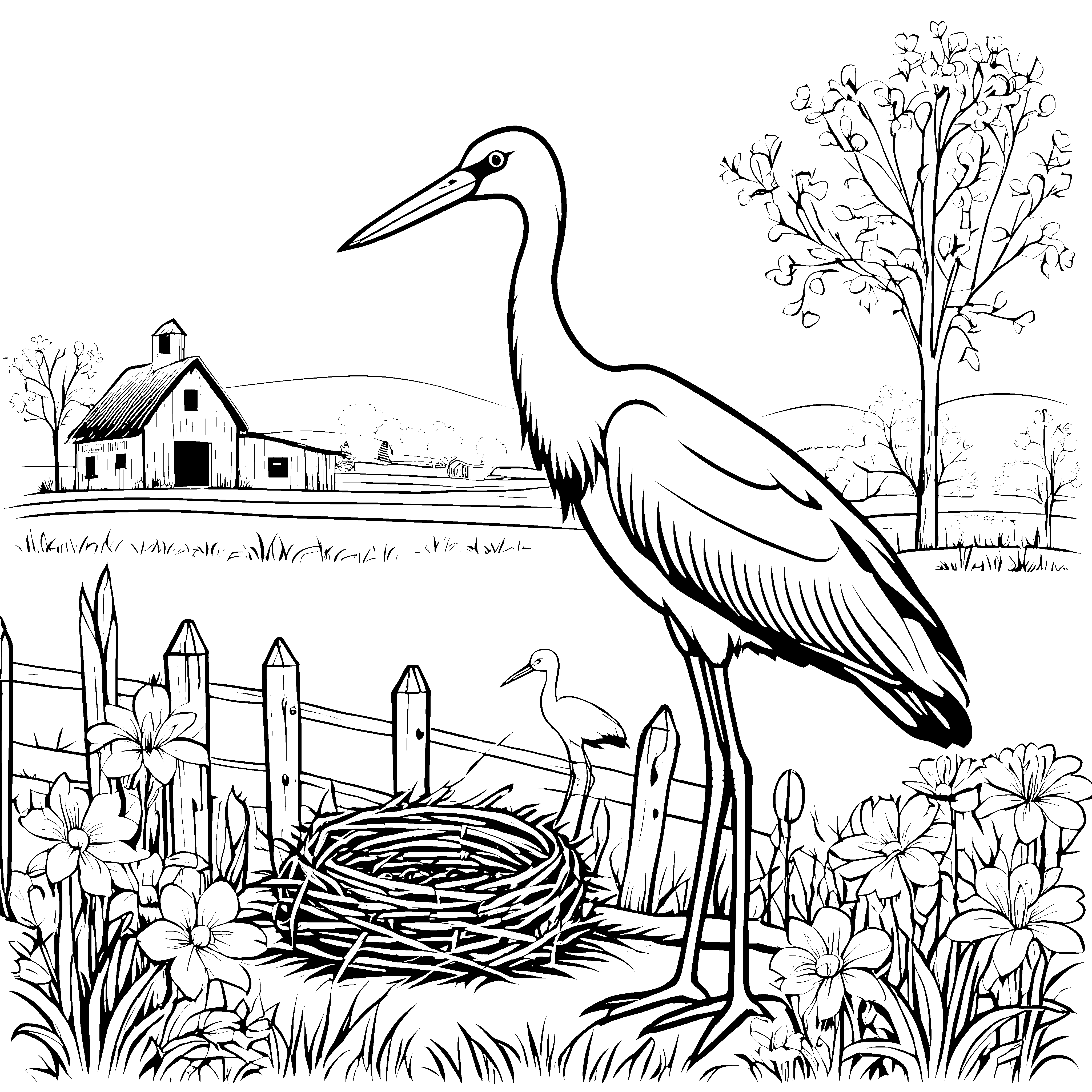 Stolzer Storch am Bauernhof Bastelmotiv für junge Bauernkinder