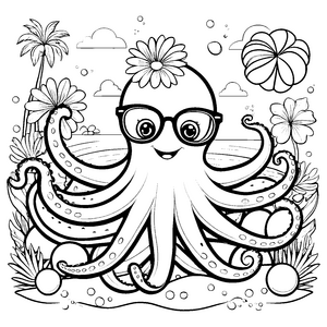 Fröhlicher Oktopus mit Brille Ausmalvorlage für mutige Unterwasserwelten