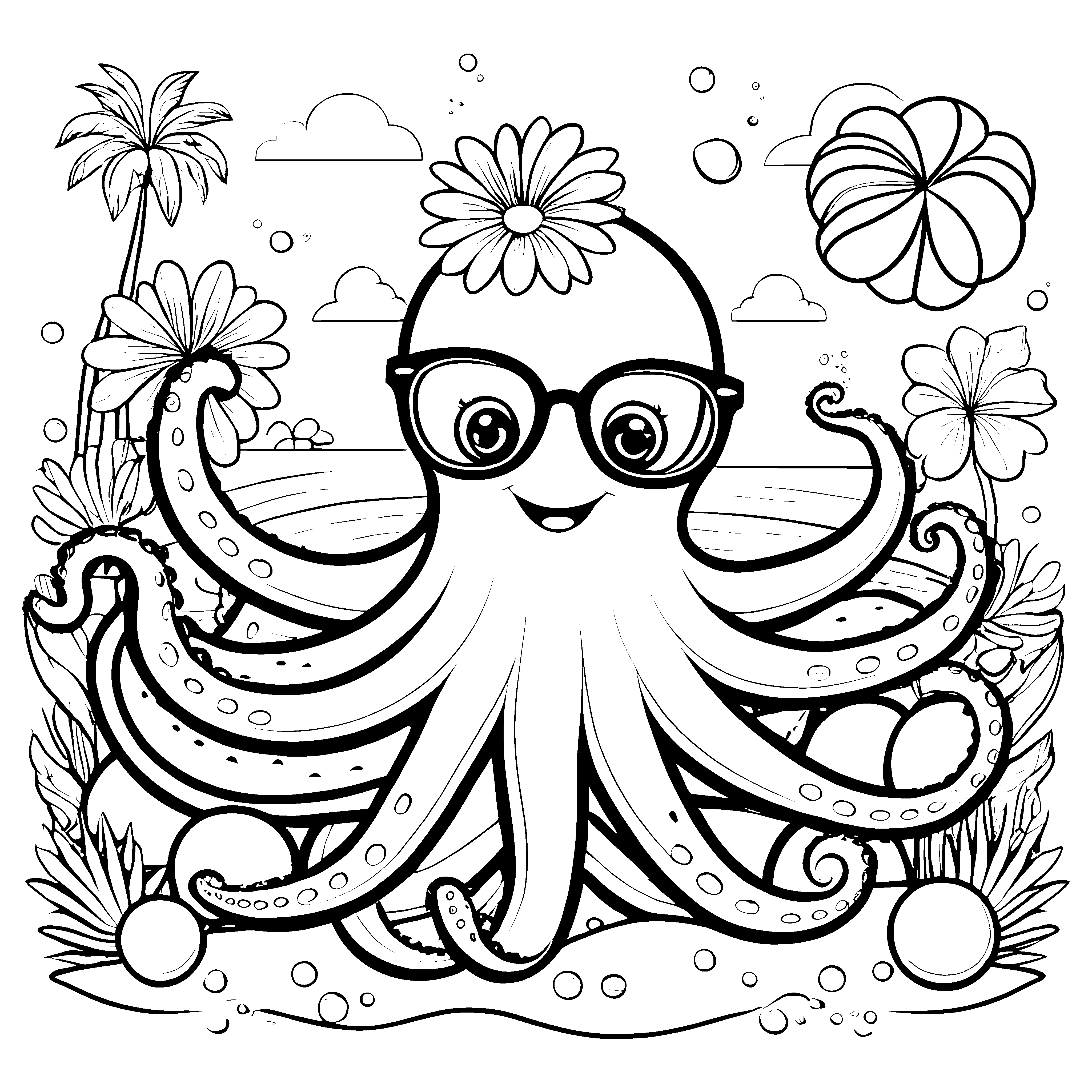Fröhlicher Oktopus mit Brille Ausmalvorlage für mutige Unterwasserwelten