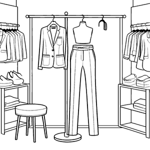 Schicke Damenhose am Kleiderständer Ausmalvorlage für kleine Modedesigner