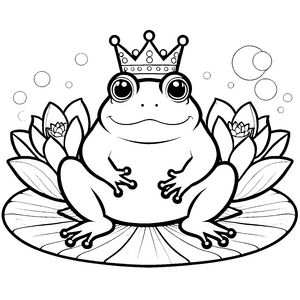 Königlicher Kawaii-Frosch auf Seerosenblatt Ausmalvorlage für kreative Wasserwesen