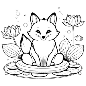Verspielter Kawaii-Fuchs auf Seerosenblüten Ausmalvorlage für fröhliche Wassergeister