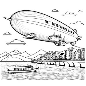 Prachtvolle Zeppeline über Küstenhafen Bastelvorlage für Schiffsfreunde