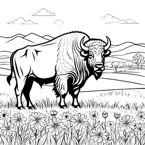 Imposanter Bison auf Blumenwiese Malvorlage für kleine Blumenkinder