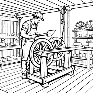 Beherrschter Radmacher mit Meißel Malbild für verträumte Holzhandwerker