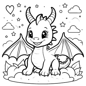 Fröhlicher Kawaii-Drache auf Wolke Bastelmotiv für junge Sternengucker