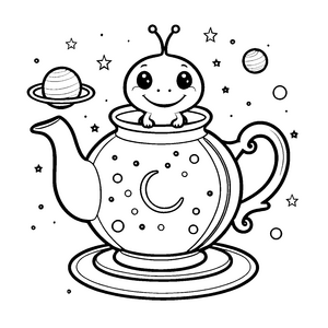 Magisches Kawaii-Alien in Teekanne Ausmalvorlage für junge Weltraumfreunde
