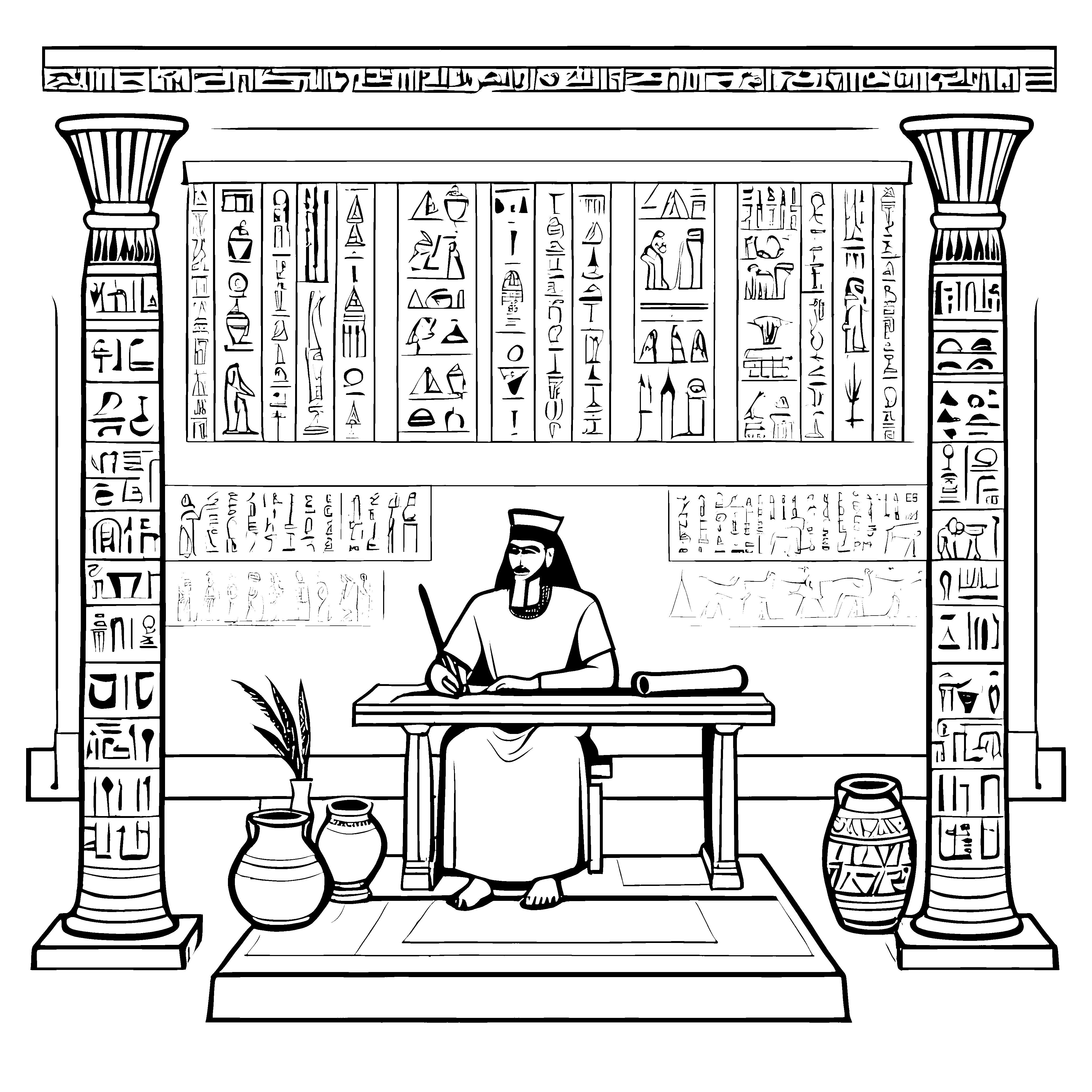 Prächtiger Schreiber an Hieroglyphenwand Ausmalbild für mutige Schriftgelehrte