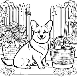 Stolzer Corgi am Gartenzäun Malbild für kleine Naturfreunde