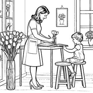 Liebevolle Mutter mit Tulpen Malvorlage für neugierige Bücherfreunde