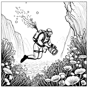 Abenteuerlicher Taucher mit Unterwasserkamera Ausmalbild für neugierige Korallenfreunde