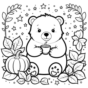 Gemütlicher Kawaii Eisbär mit Kürbis Bastelvorlage für Herbstfreunde