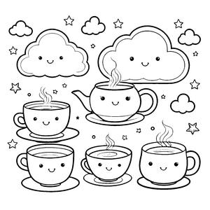 Fröhliche Kawaii-Wolken mit Teekanne Malvorlage für kreative Teegenießer