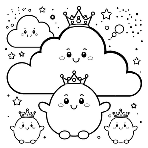 Majestätische Kawaii-Wolken mit Kronen Malbild für mutige Prinzessinnen