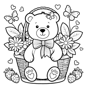 Liebevoller Kawaii Teddybär im Blumenkorb Bastelvorlage für kreative Beerenfreunde