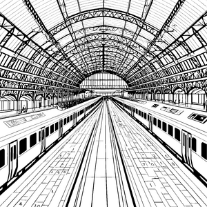 Großzügiger Bahnhof mit Zügen und Glasdach Malvorlage für malfreudige Bahnfahrer