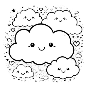 Fröhliche Kawaii Wolken mit Herzen Ausmalvorlage für mutige Wolkenreiter