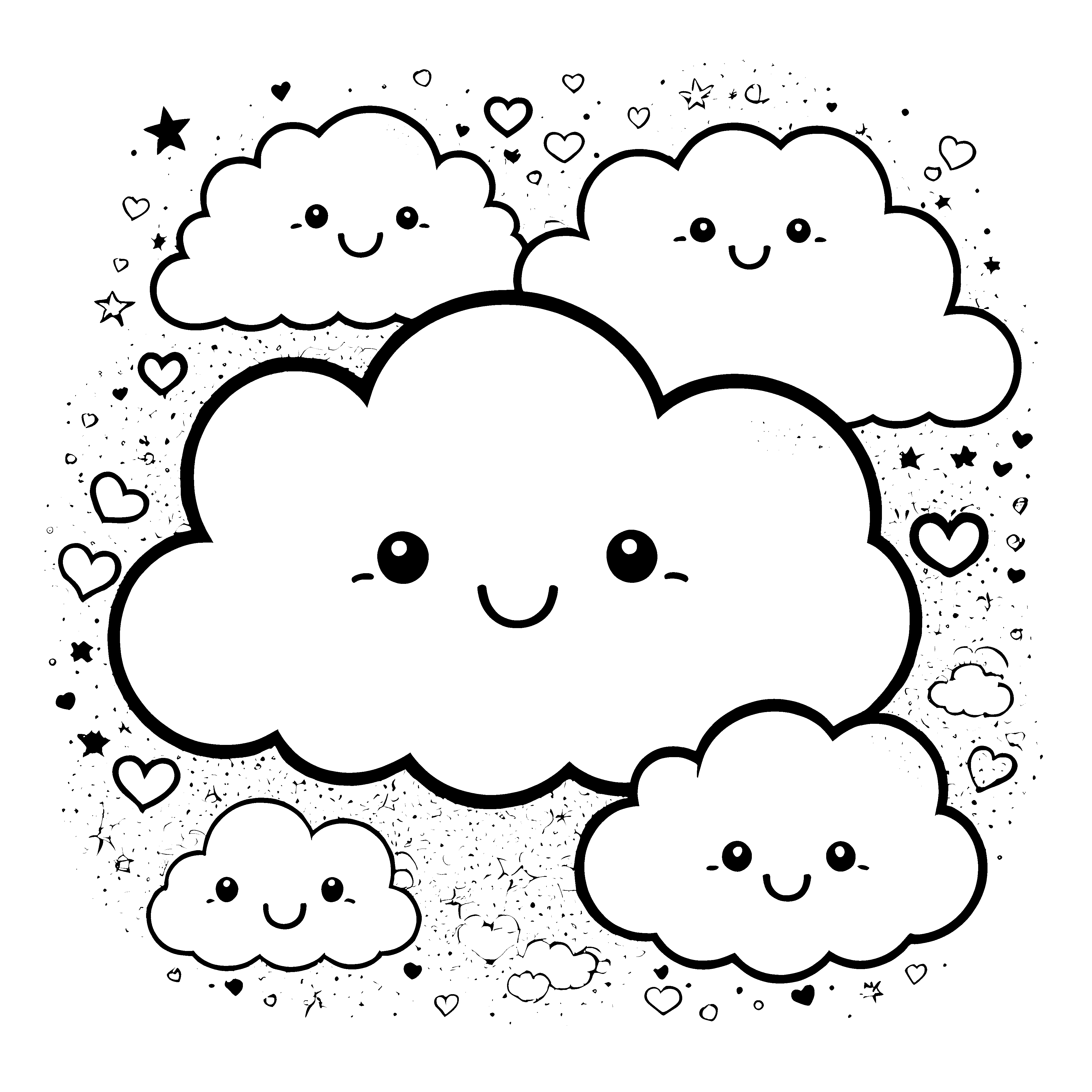 Fröhliche Kawaii Wolken mit Herzen Ausmalvorlage für mutige Wolkenreiter