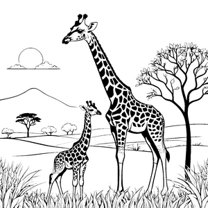Sanfte Giraffenjungtiere vor Akazien Ausmalbild für neugierige Wiesenfreunde