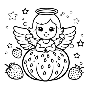 Niedlicher Kawaii Engel auf Erdbeere Malbild für verträumte Fruchtfreunde