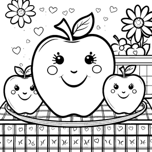 Verspielte Kawaii-Äpfel im Blumenkorb Bastelvorlage für fröhliche Gartenfreunde