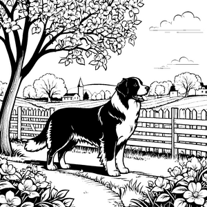 Stolzender Berner Sennenhund bei Kirche Malbild für fröhliche Landschaftsfreunde