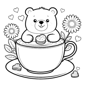 Begeisterter Kawaii-Bär in Teetasse mit Gebäck Bastelmotiv für Kaffeeliebhaber