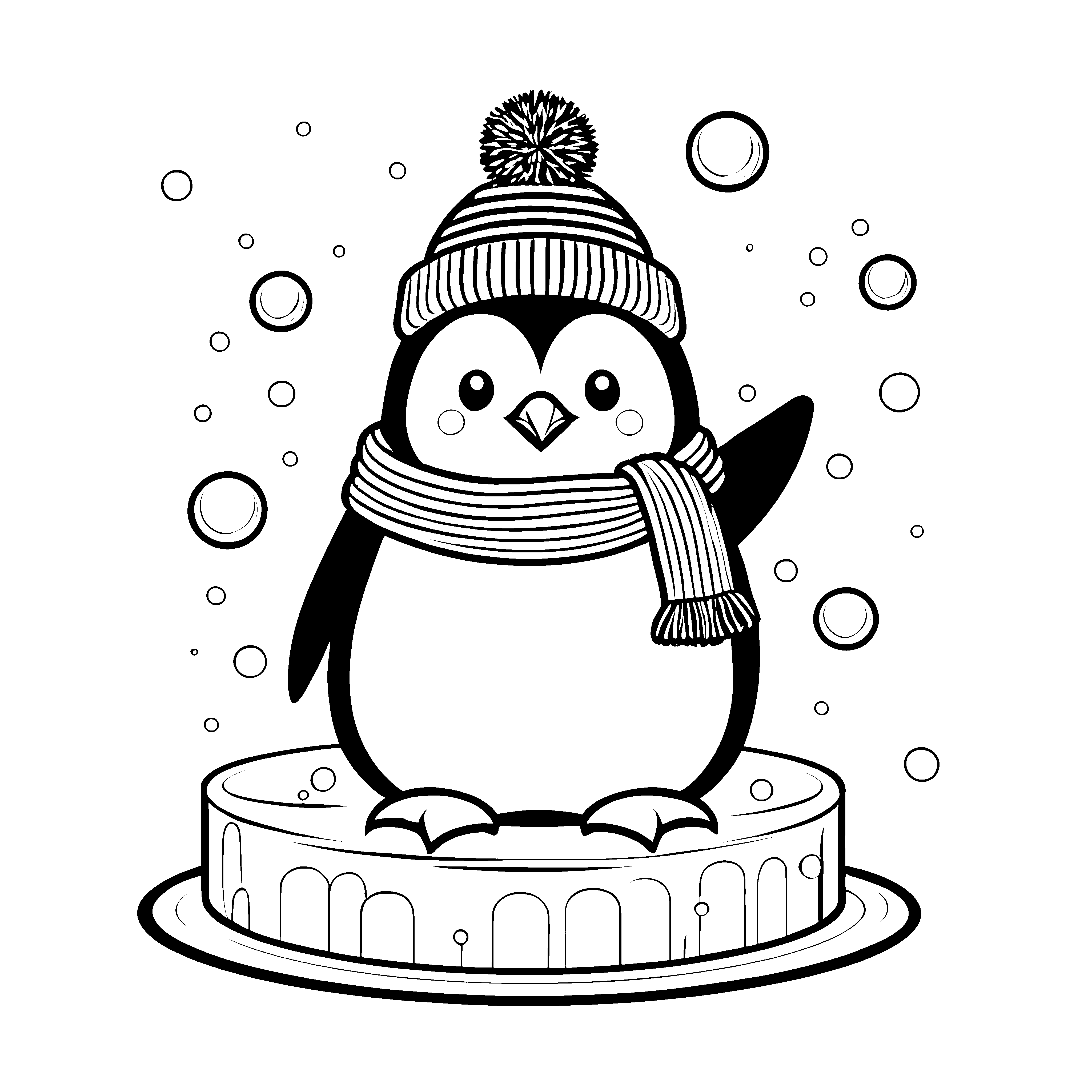Festlicher Kawaii-Pinguin auf Torte Ausmalvorlage für Feierfreunde