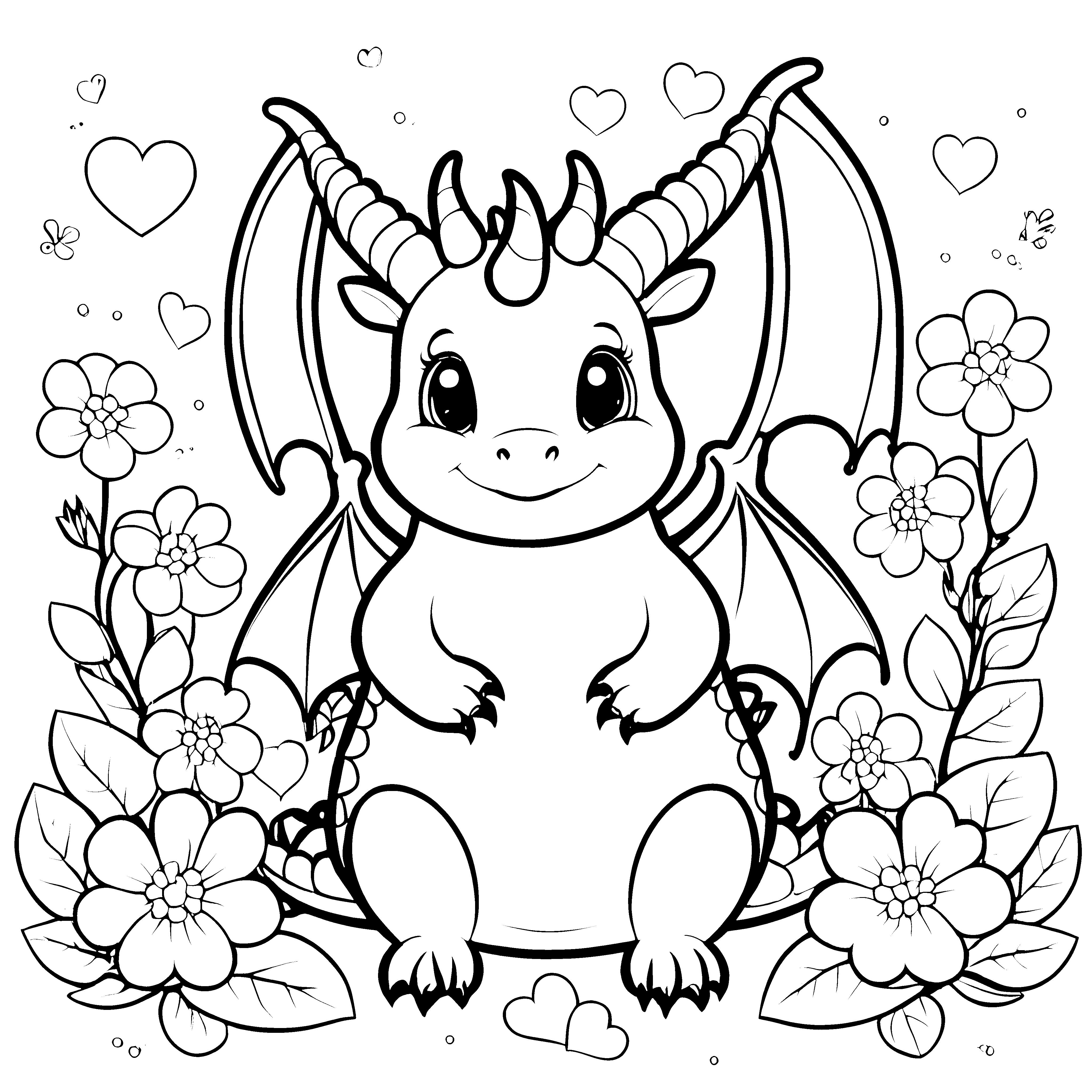 Niedlicher Kawaii-Drache mit Blumenkranz Malbild für malfreudige Naturkinder