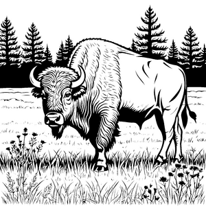 Mächtiger Bison im Nadelwald Ausmalvorlage für mutige Waldkinder