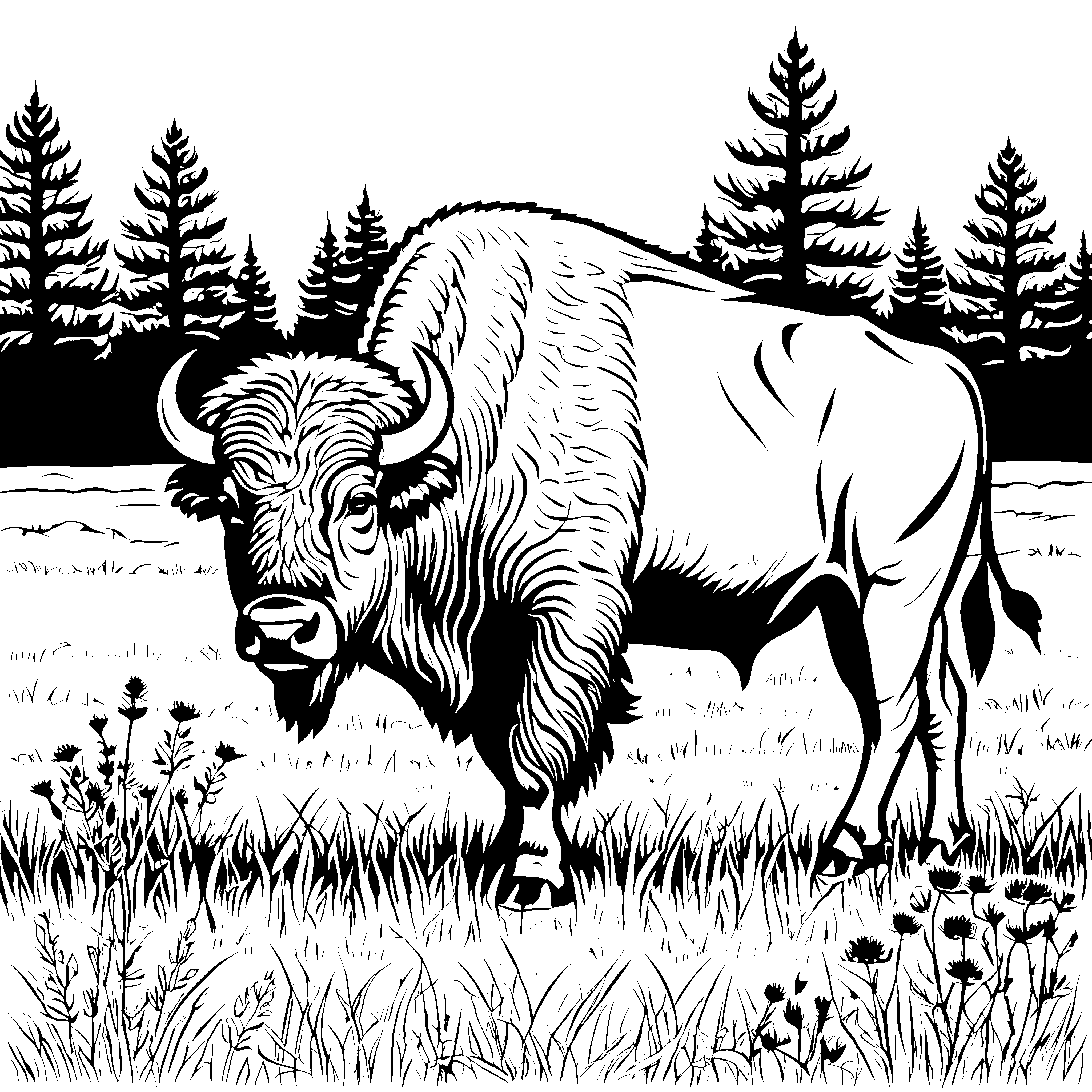 Mächtiger Bison im Nadelwald Ausmalvorlage für mutige Waldkinder
