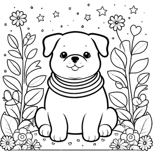 Lieblicher Kawaii-Hund in Blumenwiese Ausmalbild für verträumte Naturfreunde