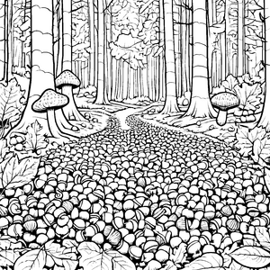 Herbstliche Eicheln und Pilze Ausmalvorlage für kleine Waldpärchen