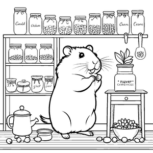 Fröhlicher Hamster in der Küche Ausmalbild für junge Küchenhelfer