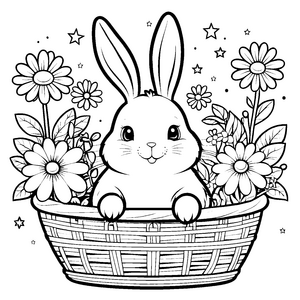 Liebliches Kawaii-Kaninchen im Blumenkorb Ausmalvorlage für junge Blumenkinder