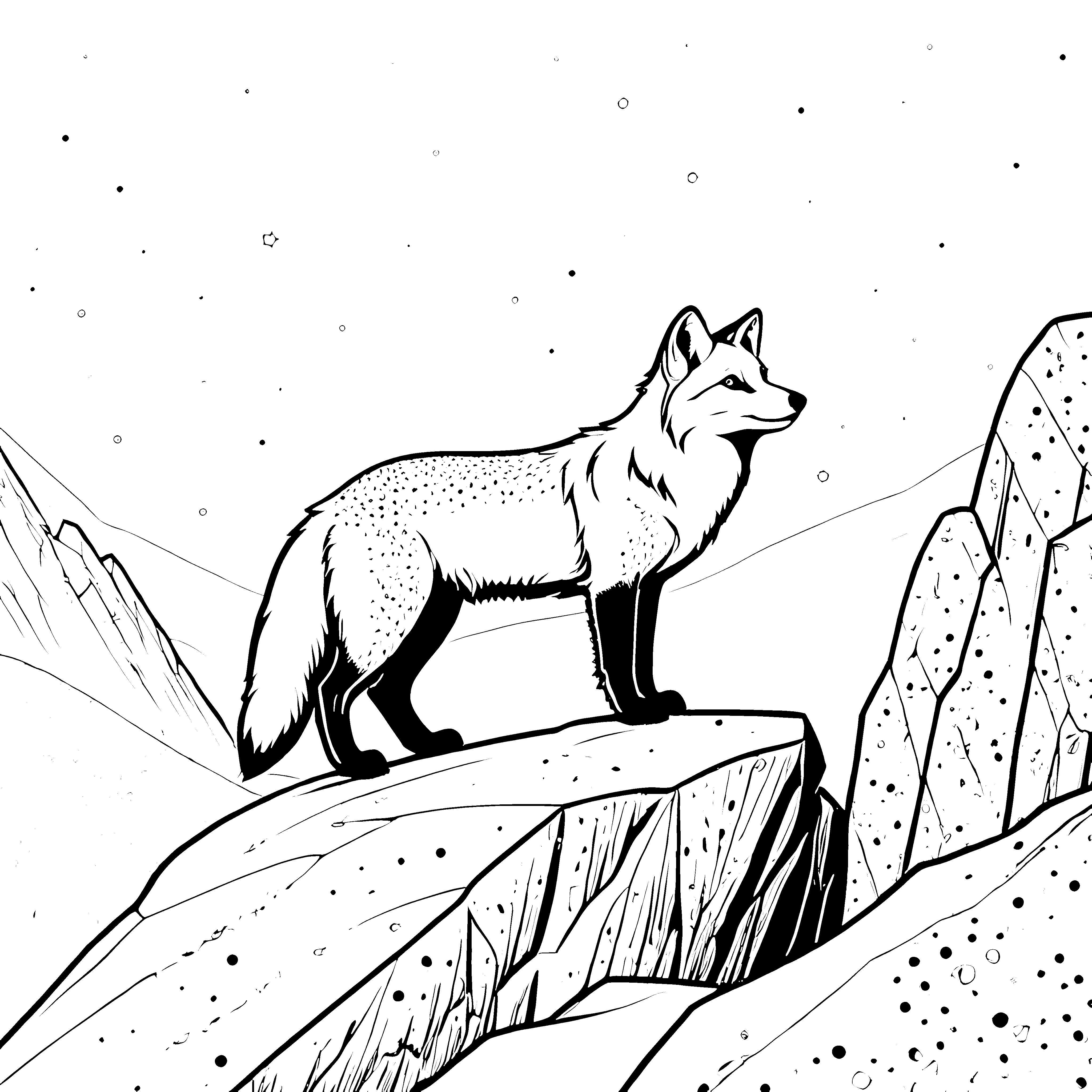 Wachsamer Polarfuchs auf Felsen Malvorlage für kleine Bergfreunde