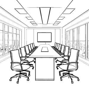 Moderner Konferenztisch mit Bildschirm Ausmalvorlage für junge Büromitarbeiter