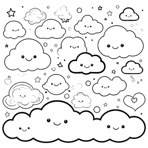 Niedliche Kawaii Wolken mit Herzen Malvorlage für fröhliche Himmelsfreunde