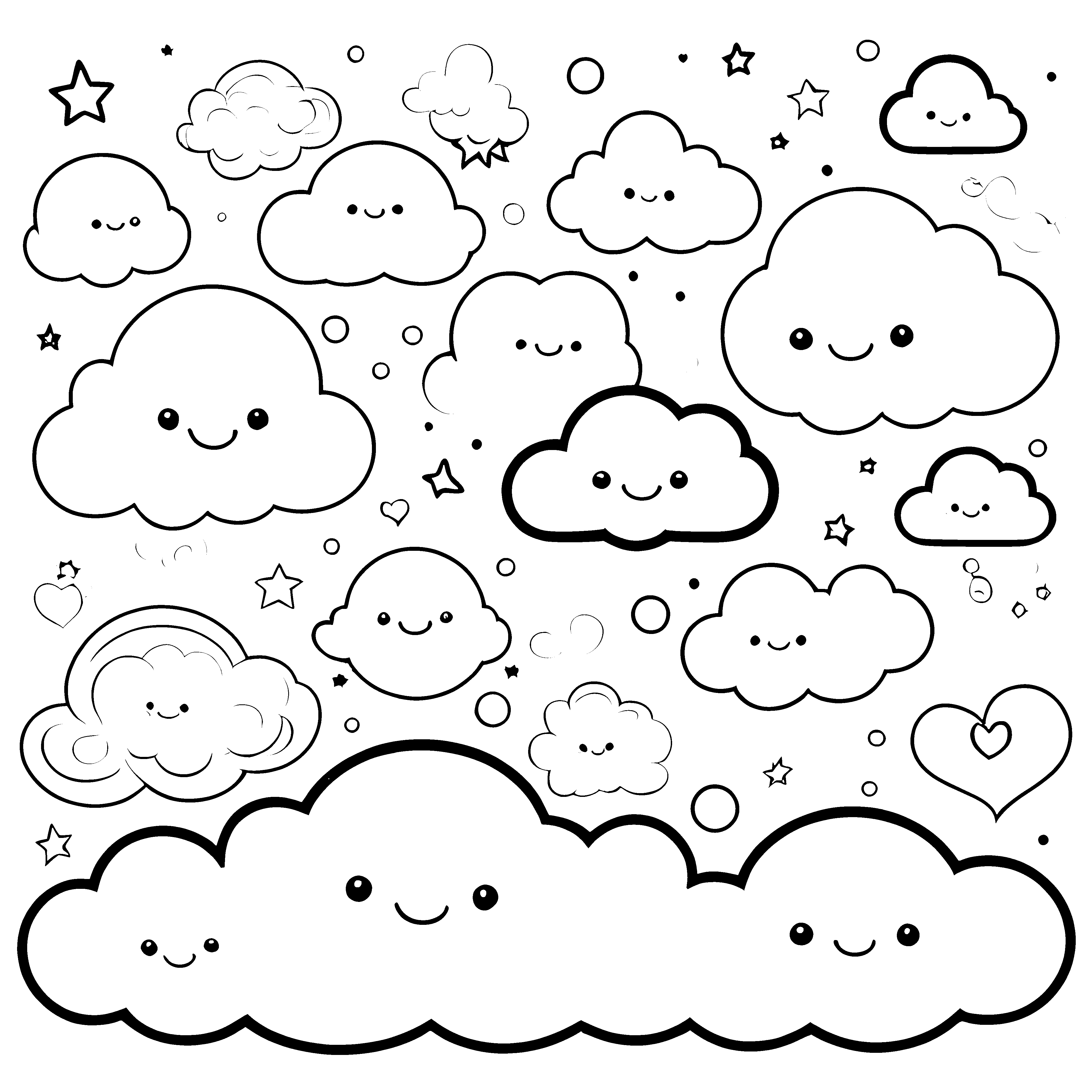 Niedliche Kawaii Wolken mit Herzen Malvorlage für fröhliche Himmelsfreunde