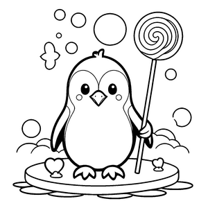 Verspielter Kawaii-Pinguin mit Zuckerstange Ausmalbild für junge Süßigkeitenfans