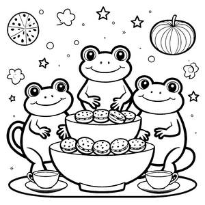 Niedliche Kawaii-Frösche mit Donuts Malbild für malfreudige Naschfreunde