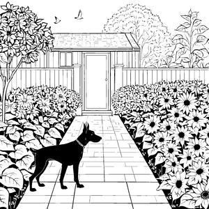 Ruhiger Dobermann vor Gartenhaus Ausmalbild für verträumte Blumenfreunde